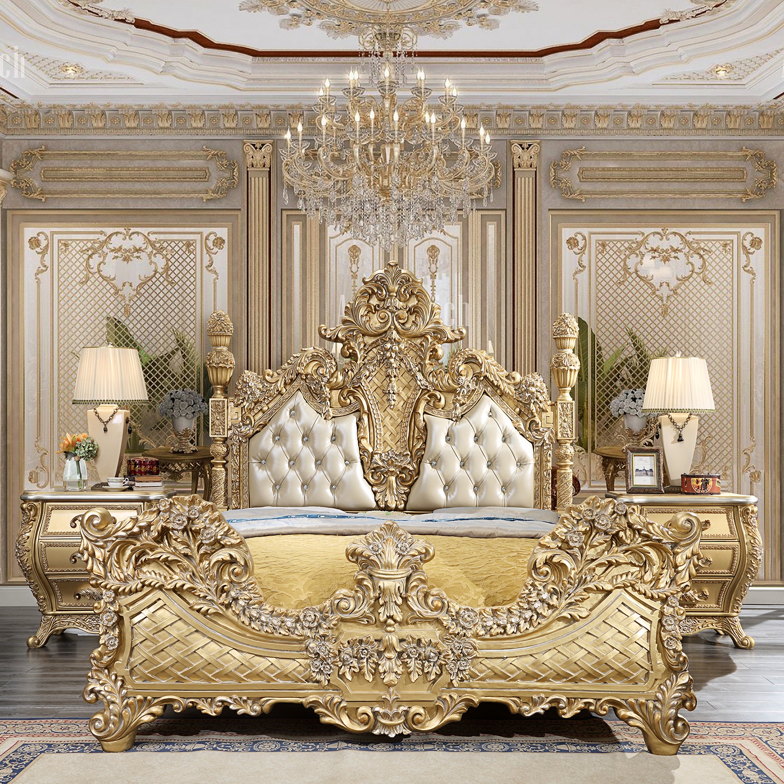 Homey Design HD-1801 - Eastern King 5Pc Bedroom Set Metallic Antique Gold Finish European Luxury